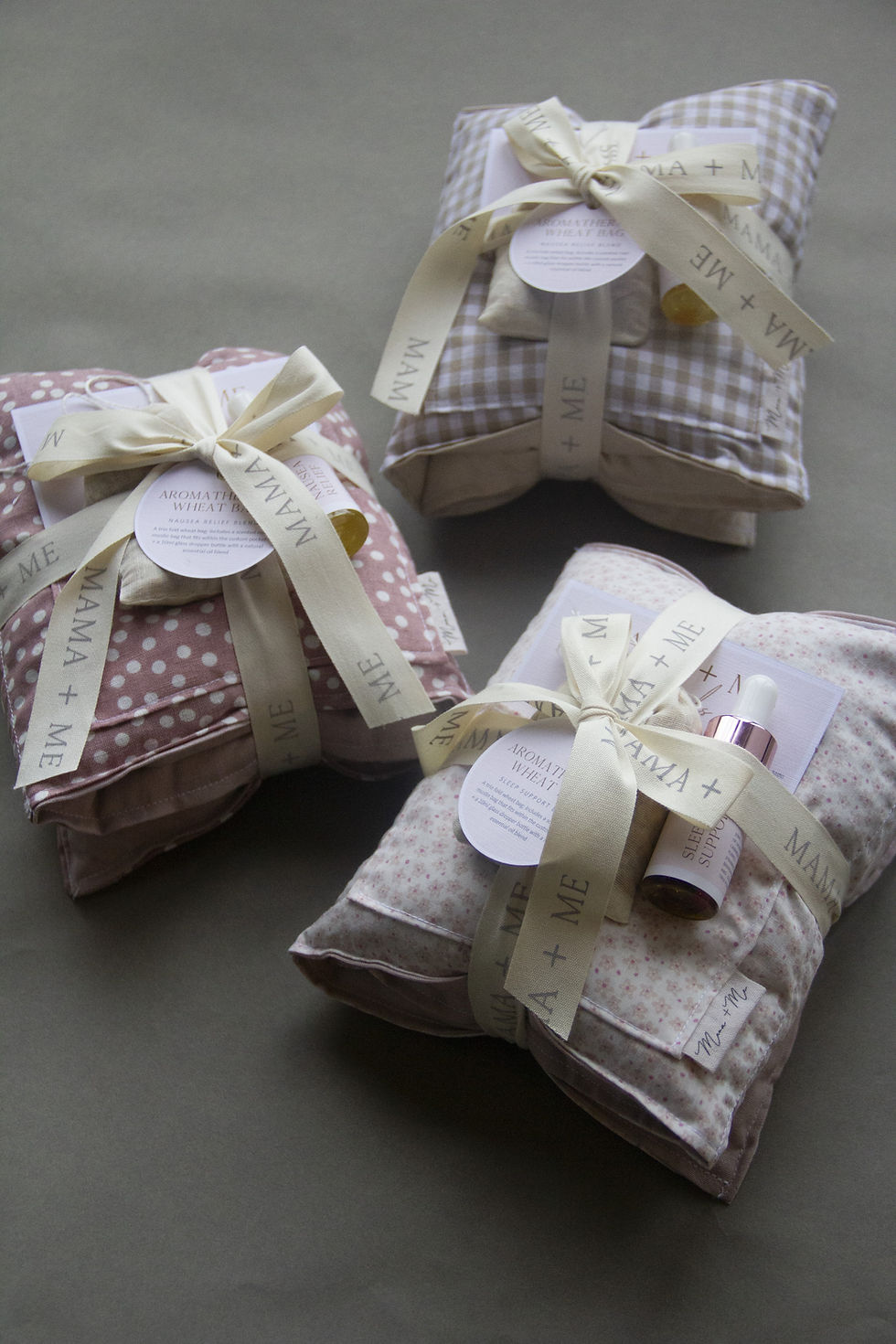 Thumbnail: Postpartum balance. botanical wheatbag. oil dropper. essential oils. rose, lavender, sweet orange. jojoba oil