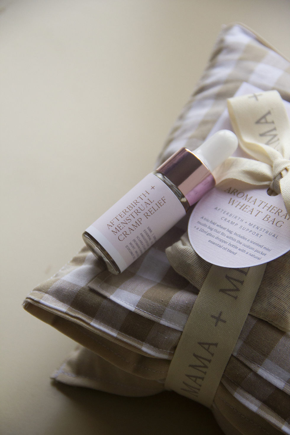 Thumbnail: Postpartum balance. botanical wheatbag. oil dropper. essential oils. rose, lavender, sweet orange. jojoba oil