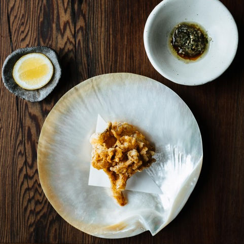 tempura maitake mushroom, lace lichen, nori broth
