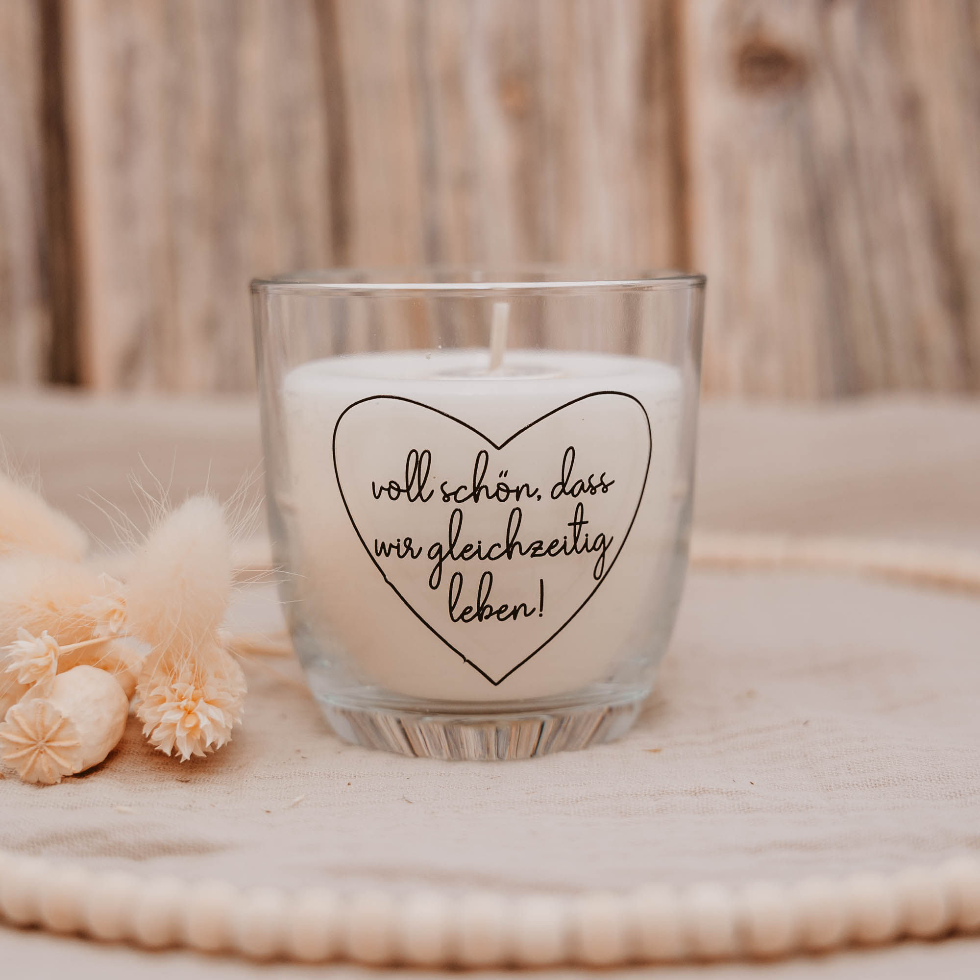 Glaskerze "voll schön, dass wir gleichzeitig leben"