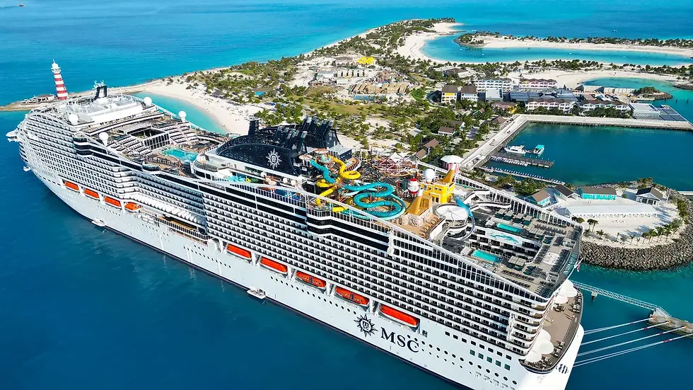 MSC cruise ship majestically docked at the scenic Ocean Cay, surrounded by turquoise waters and sandy beaches.
