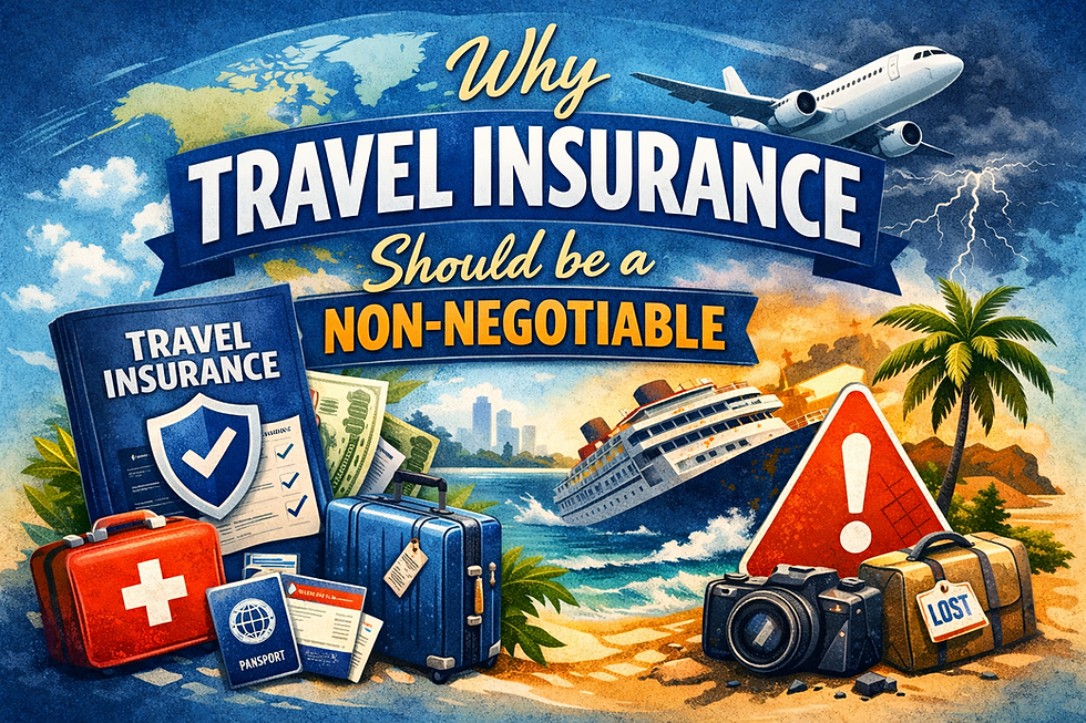 Image highlights the importance of travel insurance, emphasizing it as a necessary precaution for any trip