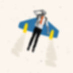 A man with a backpack and orange tie appears to fly like a rocket against a light background, exuding a sense of ambition and innovation.