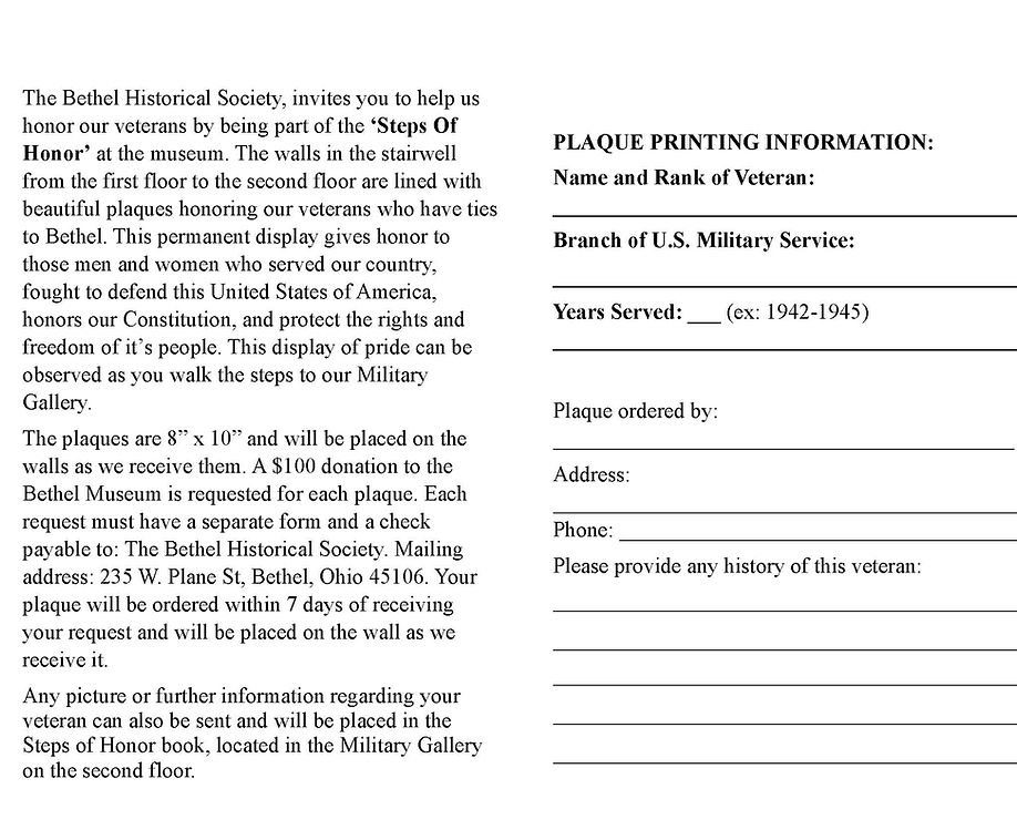 Bethel Museum Steps of Honor -Order form