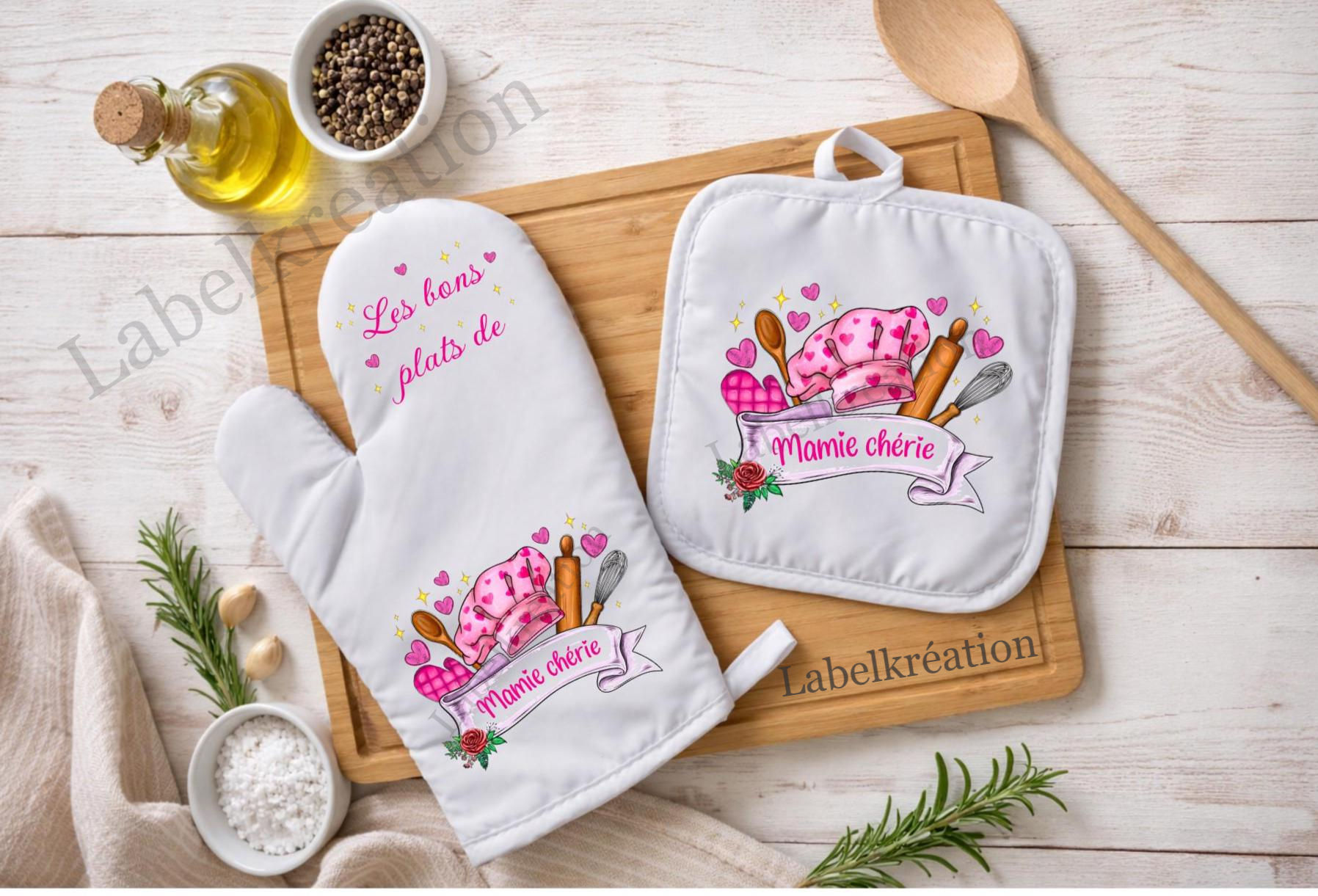 Gant et manique de cuisine personnalisés/Set gant et manique/ Cadeau mamie maman