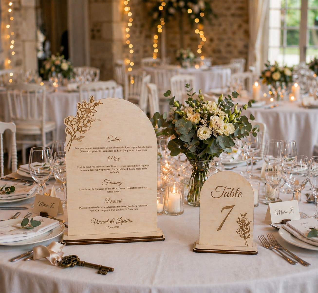 Menu de mariage en bois gravé – Numéro de table assorti – Décoration élégante et
