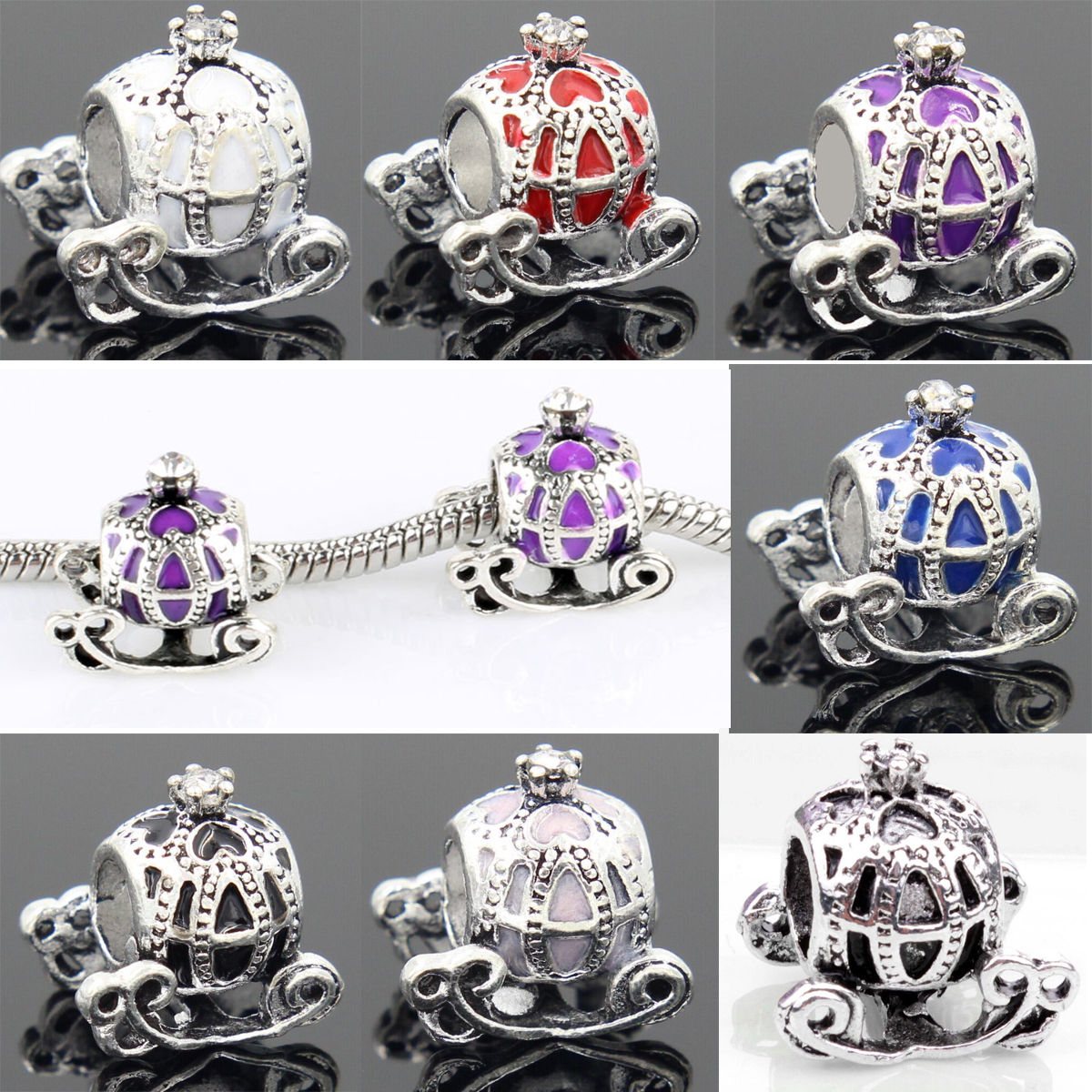 Cinderela Pumpkin Carriage Enamel Bead Pendant Fit European SnakeCharms Bracelet