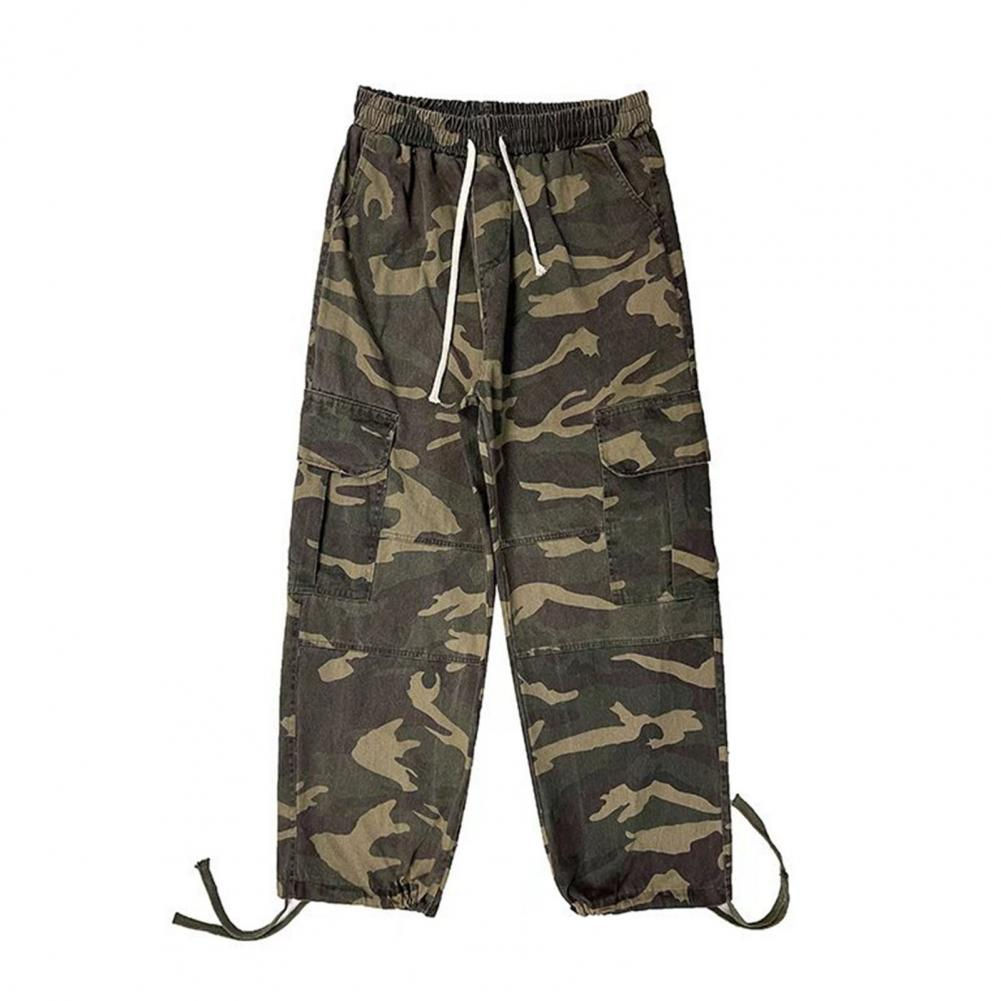 Men Baggy Pants Camouflage Multiple Pockets Elastic Waist Ankle Tied Streetwear