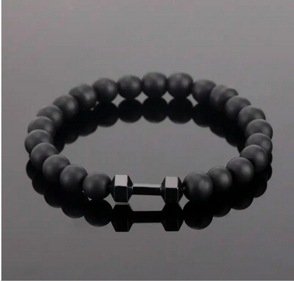 Men Women Black Beads with Steel dumbell Charm Bracelet