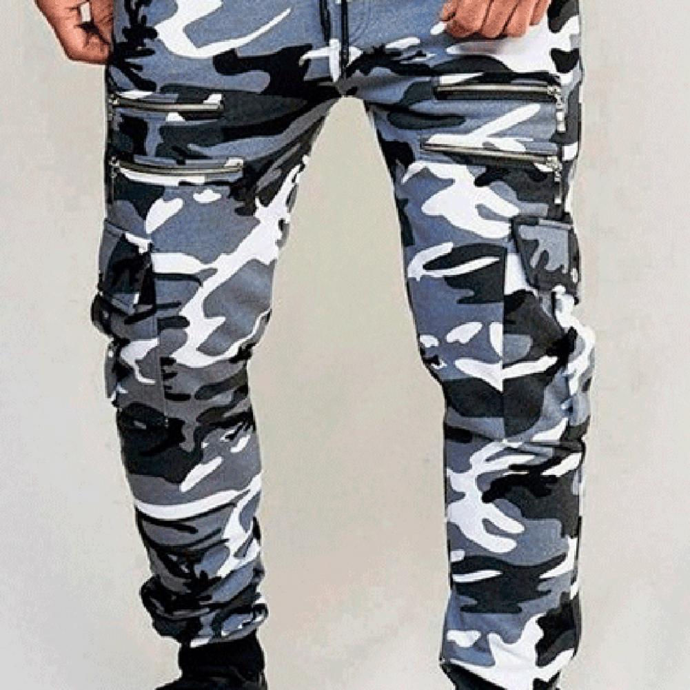 Summer Men Cargo Pants Camouflage Print Multi Zippered Pockets Drawstring Elasti