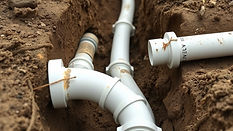 A view of a trench with freshly laid sewer and water main white pvc pipes. The pipes are v