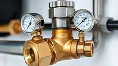 A close-up of a backflow preventer device installed on a water line. The image should focu
