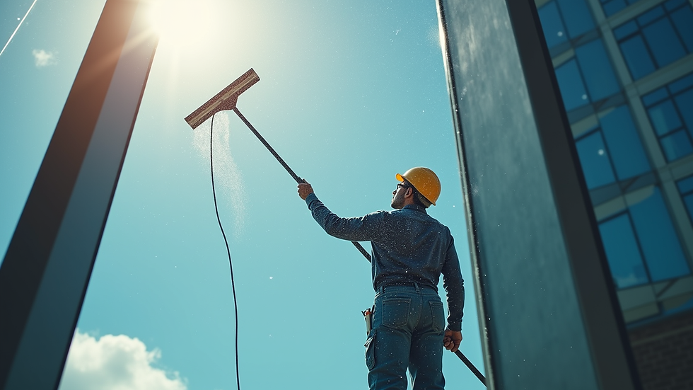 High angle view of a professional window cleaner using a squeegee on a commercial building