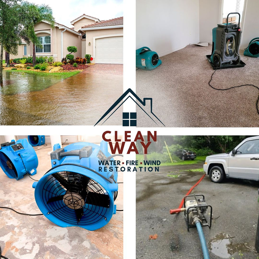 Flooded house, water removal equipment inside and outside. Blue fans, pump. Text: Clean Way Water-Fire-Wind Restoration.