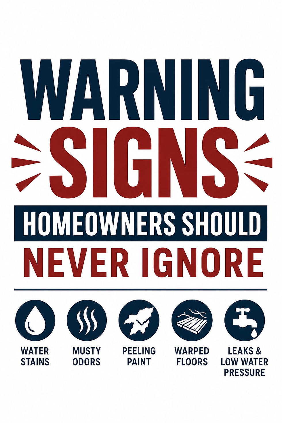 Poster reading Warning Signs Homeowners Should Never Ignore, with icons for water stains, musty odors, peeling paint, warped floors, leaks.