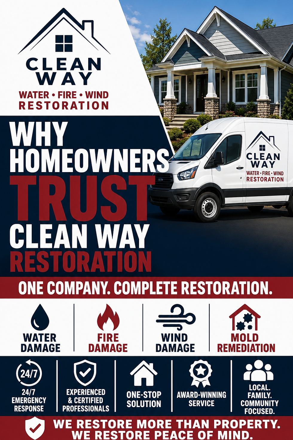Clean Way Restoration ad with house and service van; text: Why Homeowners Trust Clean Way for water, fire, wind, mold damage.