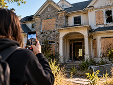 Person in black hoodie photographs a boarded-up, abandoned house with broken windows and overgrown yard in bright sunlight.