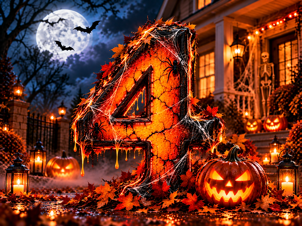 Glowing Halloween display with fiery number 4, jack-o’-lanterns, bats, cobwebs, and candles outside a spooky house.