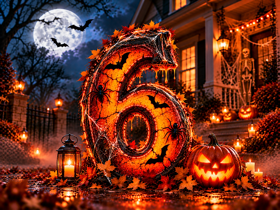 Glowing Halloween 6 decorated with cobwebs, bats and spiders on a porch, with jack-o'-lanterns, candles and a full moon.