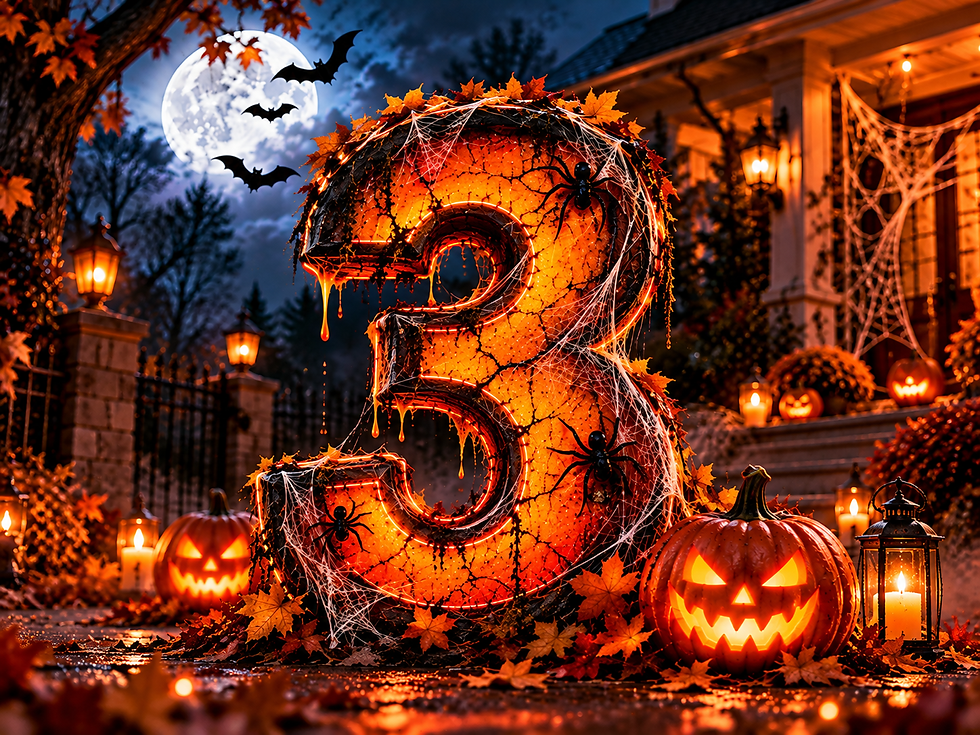 Glowing Halloween number 3 surrounded by pumpkins, cobwebs, bats, and candles outside a spooky house at night.