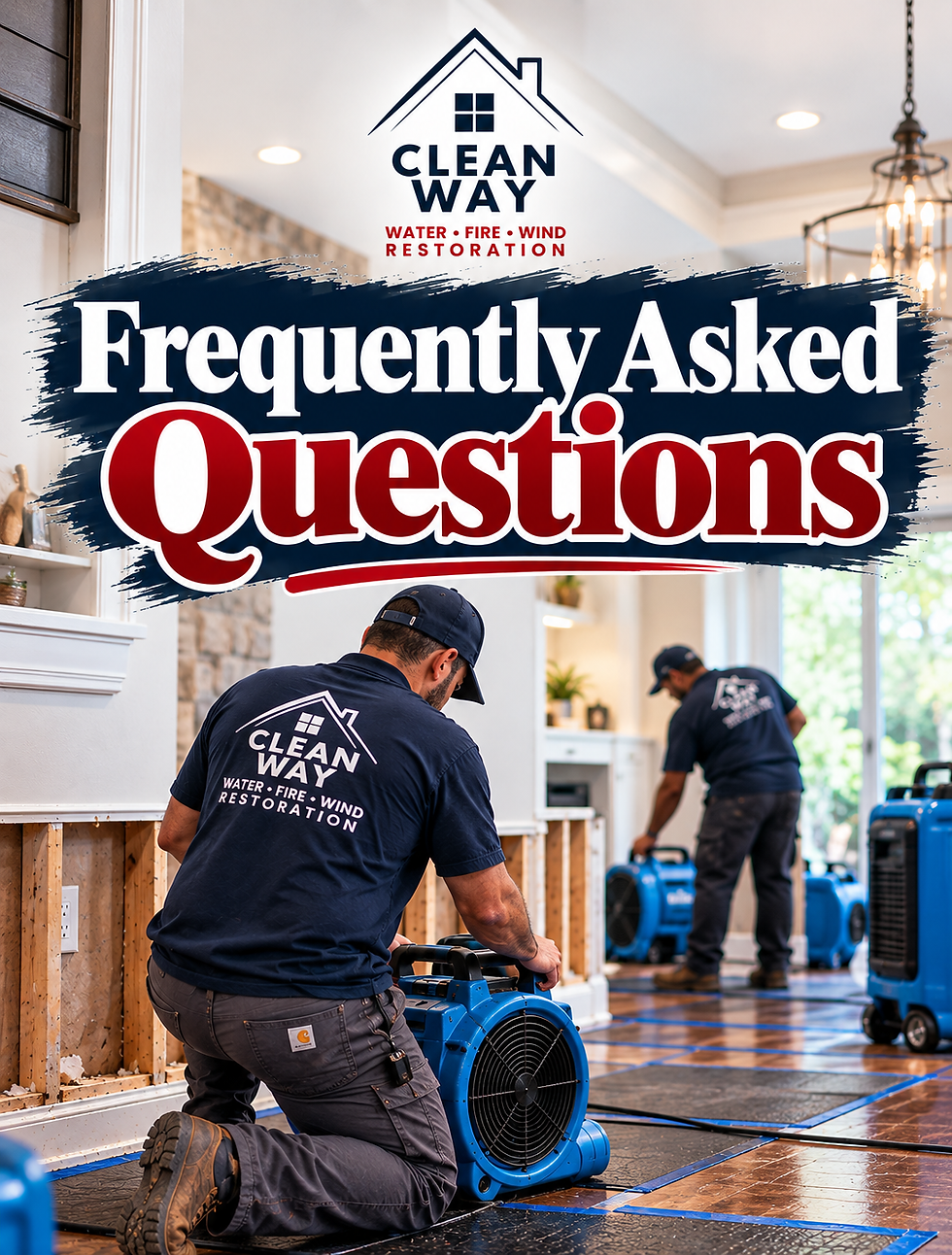 Two Clean Way restoration workers deploy blue fans in a damaged home; large text reads Frequently Asked Questions.