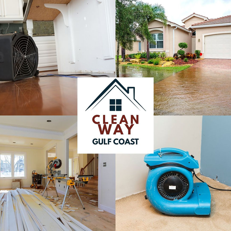 Floor fans, flood outside home, construction tools in interior; "CLEAN WAY GULF COAST" text; restoration theme, bright setting.