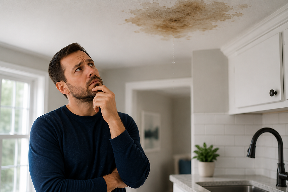 Concerned man in a kitchen looks up at a brown water stain and dripping ceiling leak near the sink