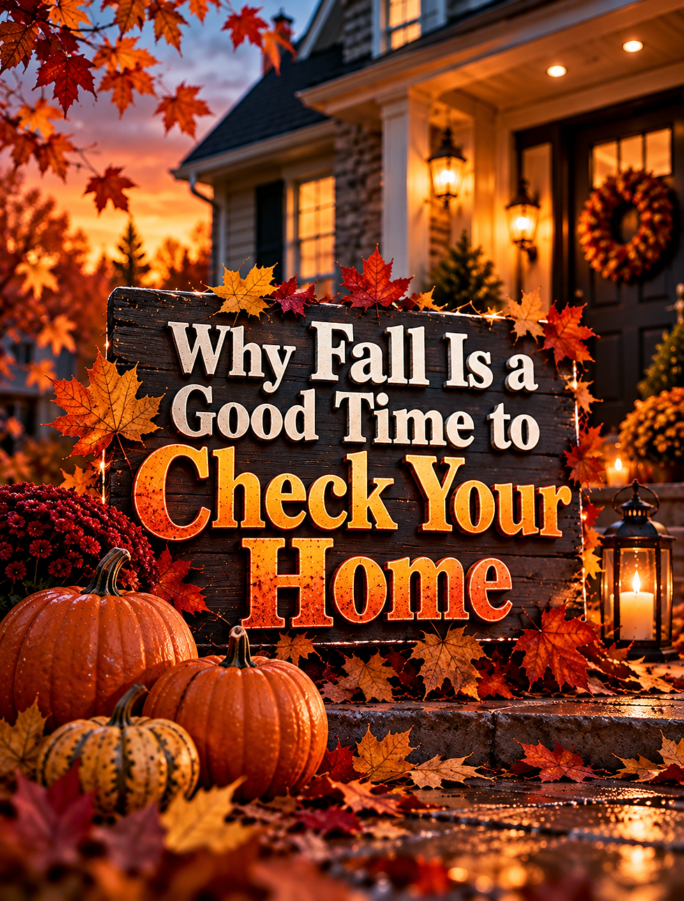 Fall porch decor with pumpkins, lanterns, and maple leaves around a sign reading Why Fall Is a Good Time to Check Your Home