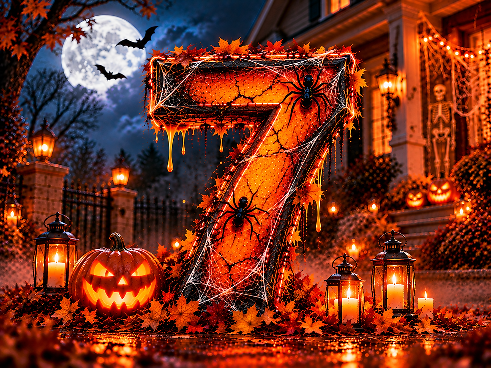 Halloween porch with glowing spiderweb 7, jack-o'-lantern, candles, bats, and moonlit house in a spooky orange glow