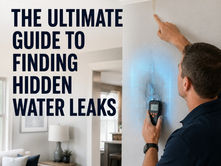 Man using a moisture meter on a water-stained wall in a bright living room; Clean Way guide to hidden water leaks.
