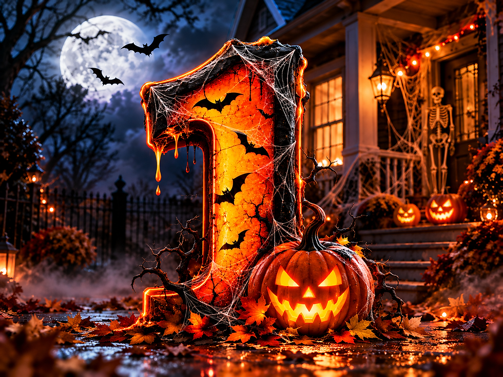Glowing Halloween number 1 wrapped in spider webs, with bats, jack-o’-lantern, moonlit house, and skeleton on the porch.