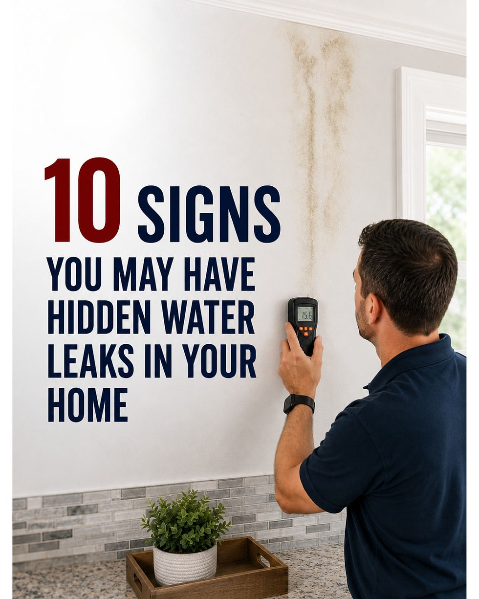Man in navy shirt uses moisture meter on stained wall beside text: 10 SIGNS YOU MAY HAVE HIDDEN WATER LEAKS IN YOUR HOME