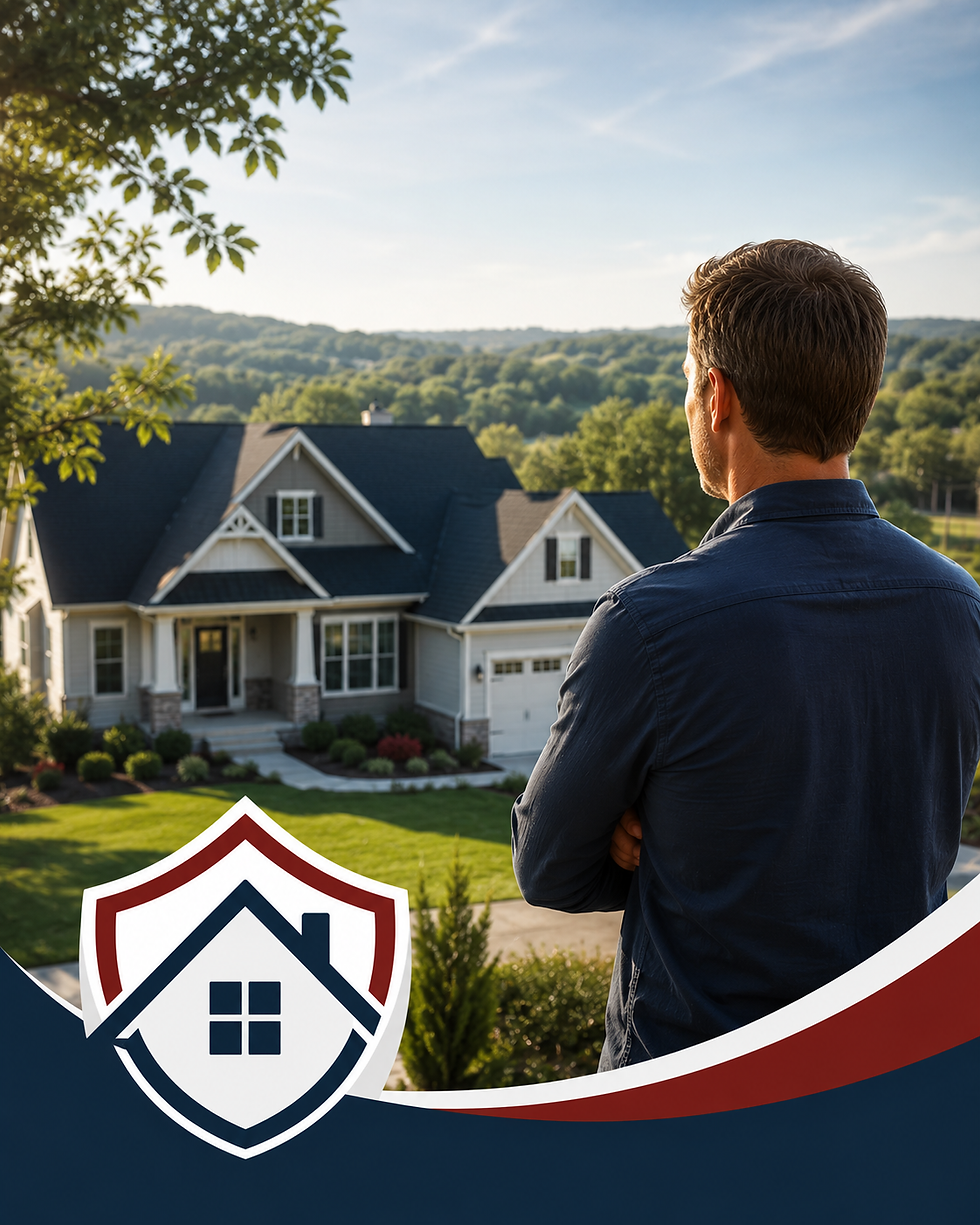Man in a blue shirt looks over a suburban house and green yard; house-shaped shield logo sits at the bottom.