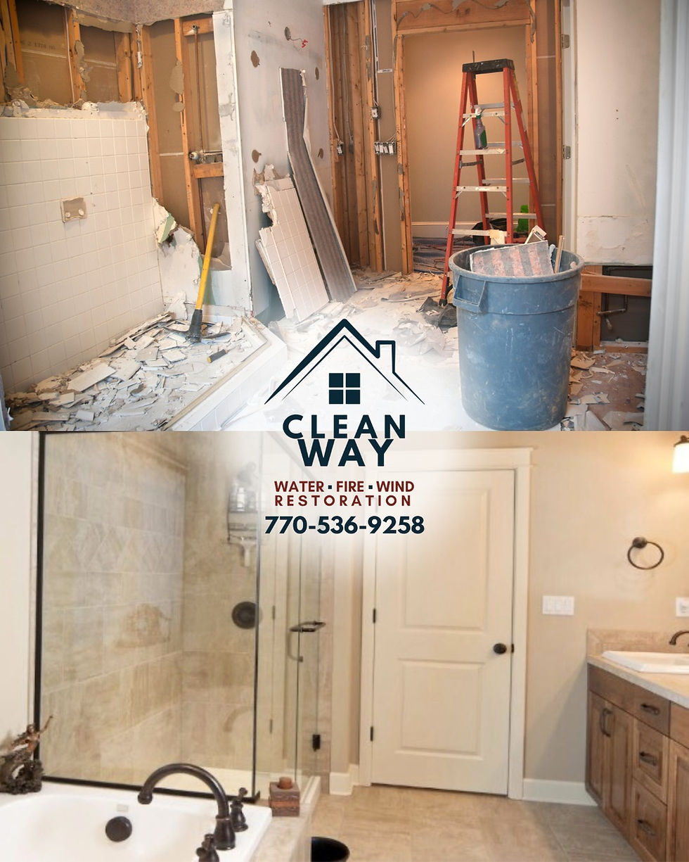Bathroom renovation with debris, ladder, and trash bin. After: Clean, new bathroom with glass shower. Text: "Clean Way, 770-536-9258".