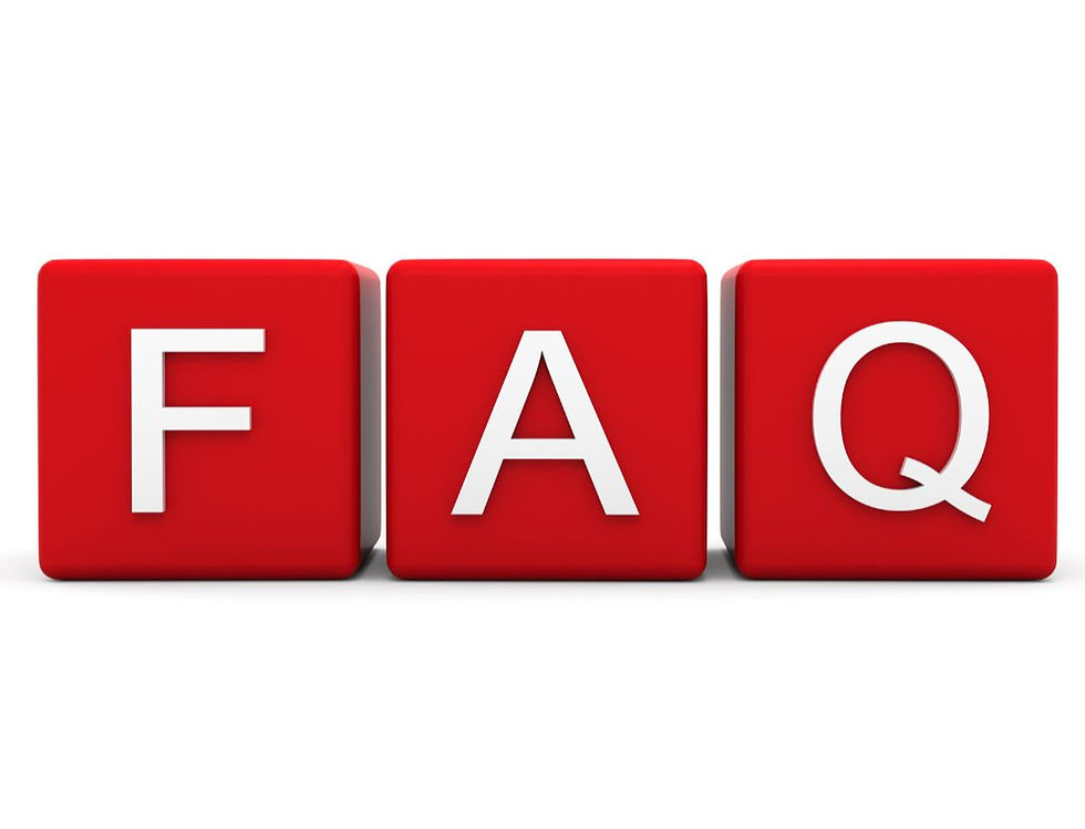 Red blocks with white letters spell "FAQ" against a white background. The design is simple and bold.