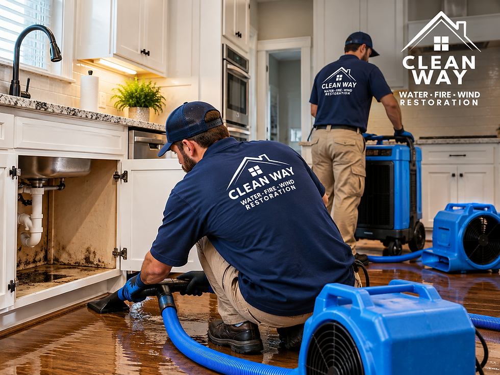 Two Clean Way workers restore a flooded kitchen, using blue fans and hoses around wet cabinets and floor.