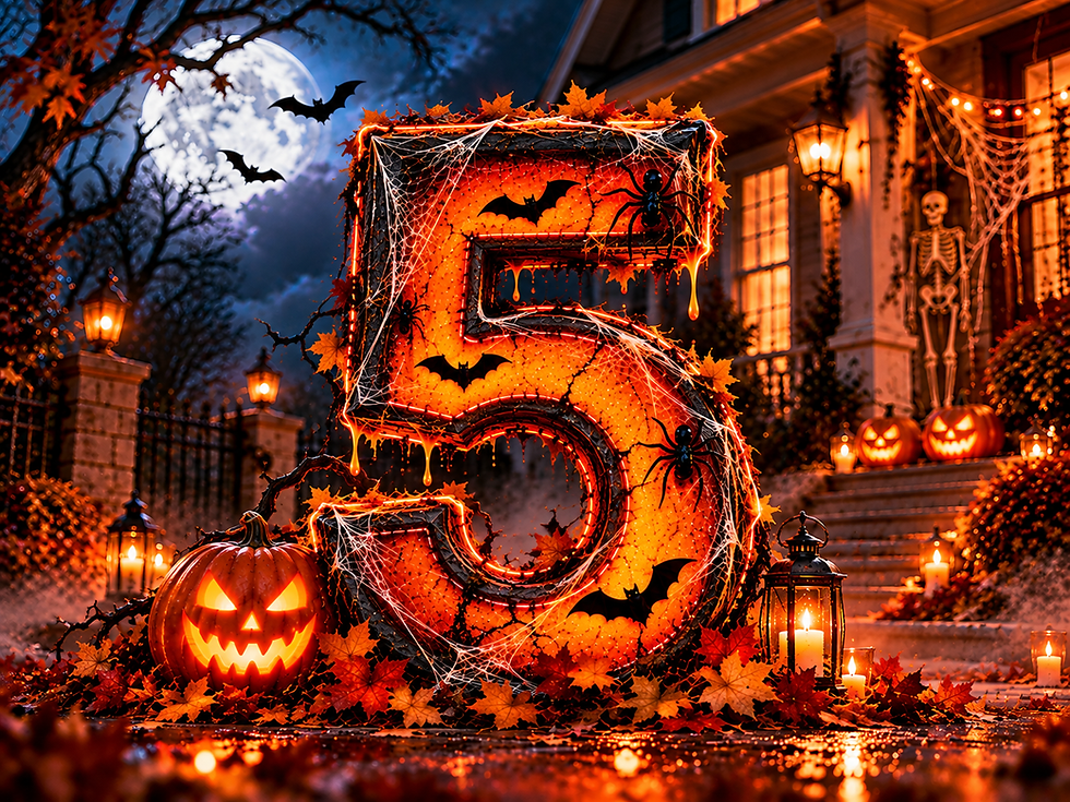 Glowing orange Halloween 5 covered in spiderwebs, bats and spiders, with jack-o'-lanterns and candles outside a haunted house.