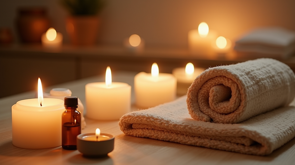 Close-up view of a spa treatment setup with candles and essential oils