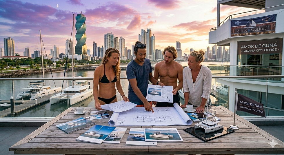 Un grupo de personas revisando planos y catálogos de catamaranes en una terraza frente al skyline de la Ciudad de Panamá, planificando su viaje con Click and Sailing.