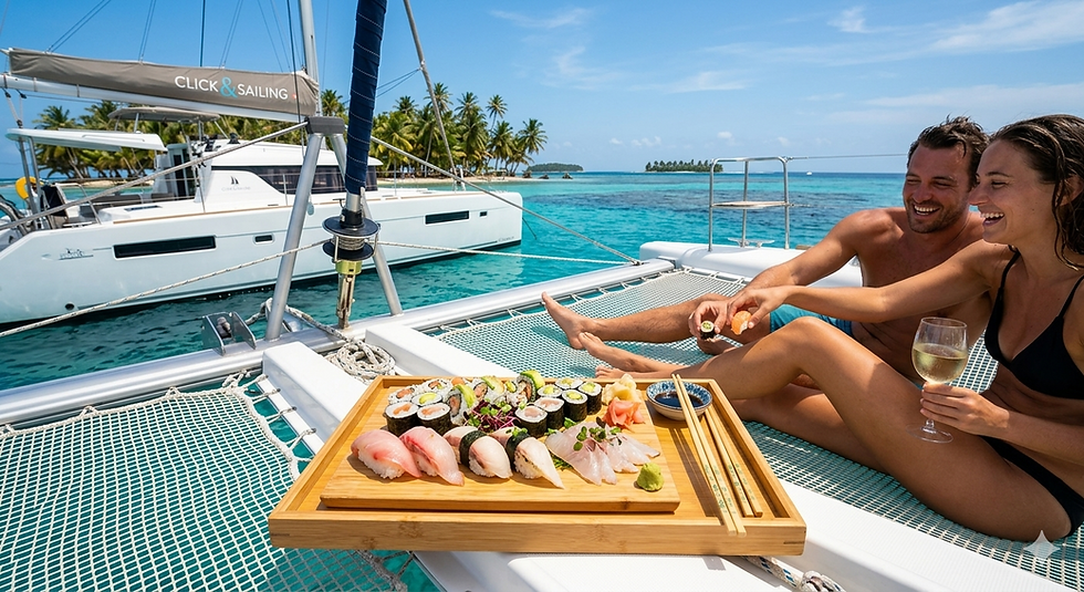 Gran paella de mariscos con langosta entera servida en una mesa de madera sobre la cubierta de un catamarán, con vino blanco y el atardecer en las islas de San Blas de fondo.