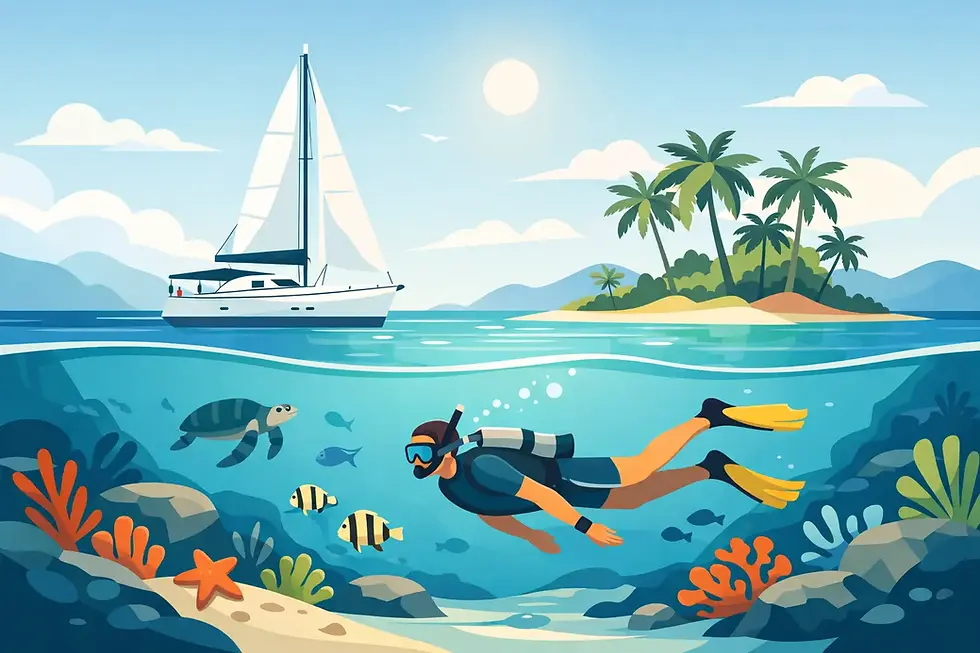 Discover what to expect from snorkeling in San Blas from a sailboat with Click and Sailing. Crystal-clear waters, pristine coral reefs, and turtles just steps from your cabin. Professional equipment and expert captains included. Book your private snorkeling experience in Guna Yala!