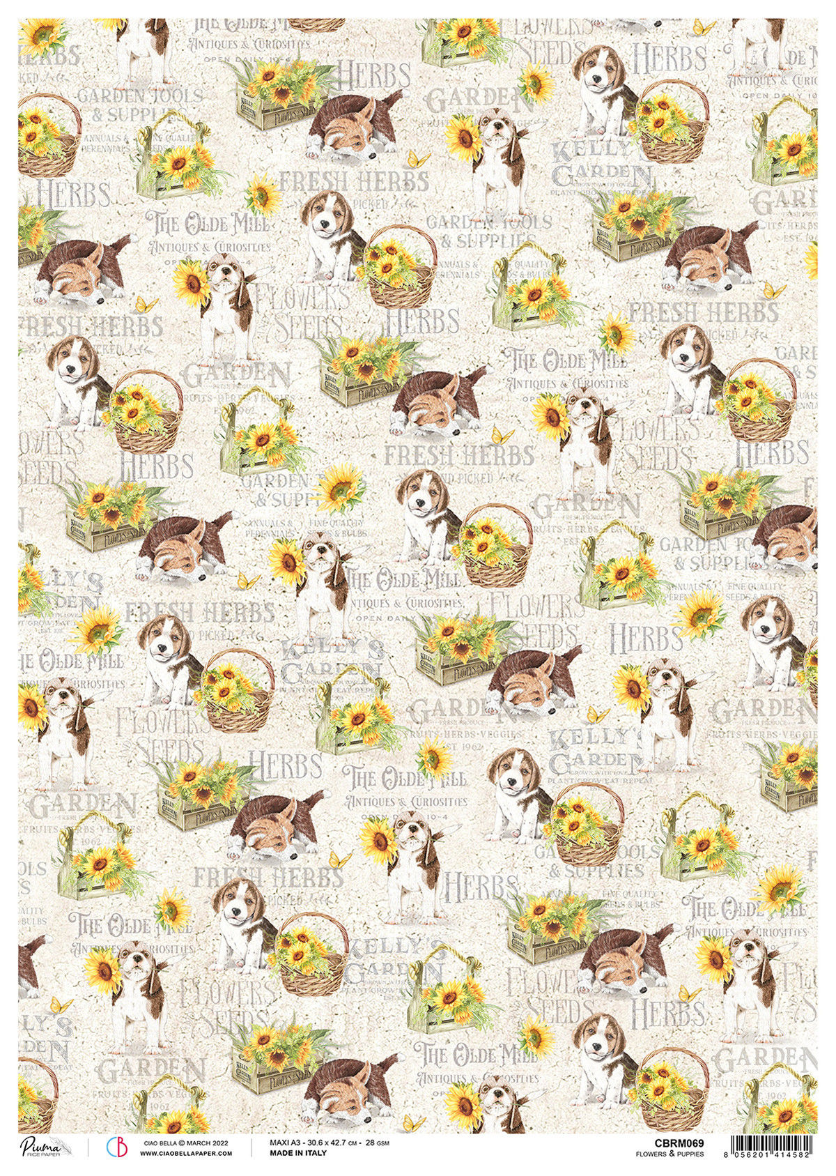 Ciao Bella A3 Rice Paper Maxi Sheet - Flowers & Puppies - CBRM069