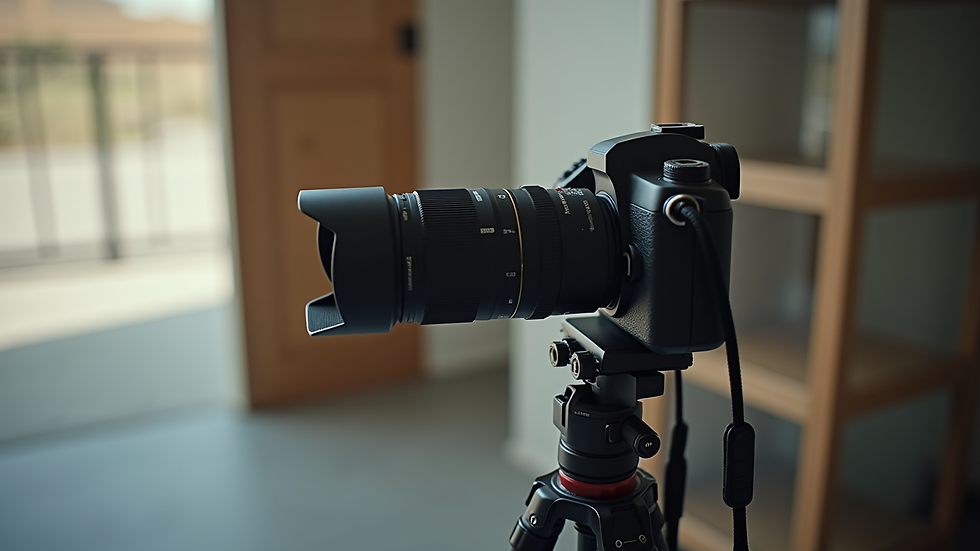 Close-up view of a camera on a tripod set up for a passport photo
