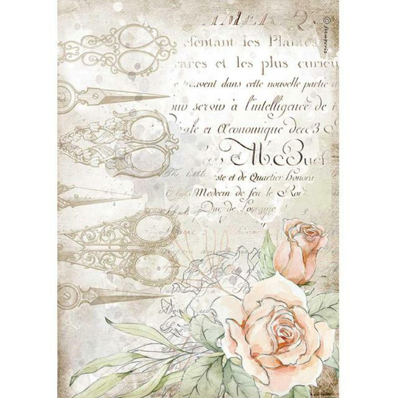 Stamperia A4 Decoupage Rice Paper-Romantic Threads Scissors and Roses, DFSA4565