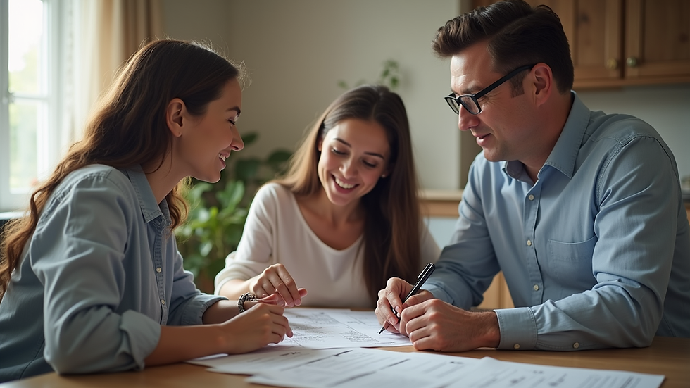 Eye-level view of a family discussing estate planning documents