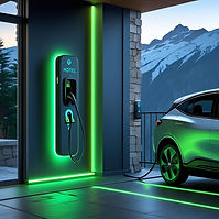 A Hotel entrance in mountains with a sleek wall-mounted AC EV charger glowing green, an EV