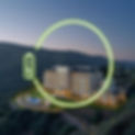 An elegant premium hotel in the hills, with a glowing green energy outline around it, symb