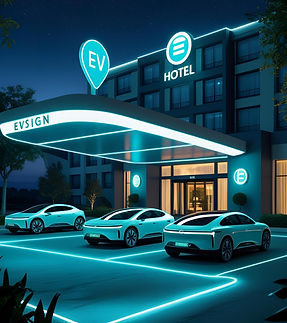 “Futuristic hotel driveway at night with EV cars arriving, glowing map pin and EV Sign hov