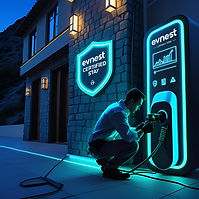 a Hilly hotel facade with glowing EVNest ‘Certified Stay’ badge on the wall, a technician