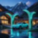 1“Futuristic mountain resort at night with an electric car charging under glowing neon blu